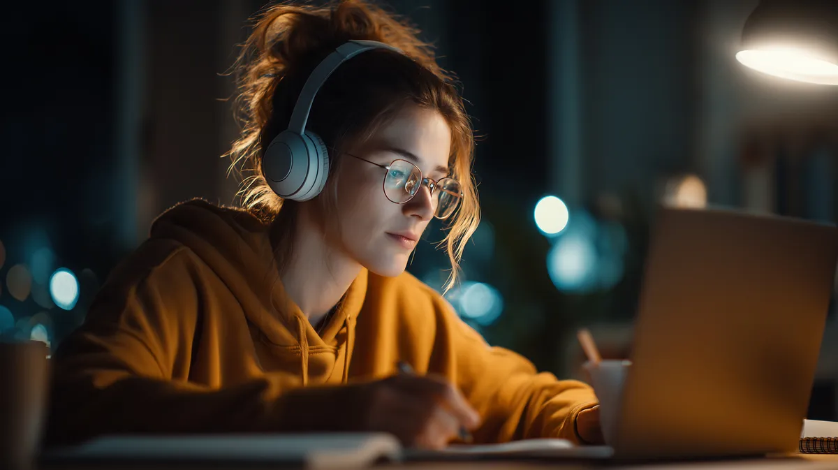 Student learning online with laptop and headphones